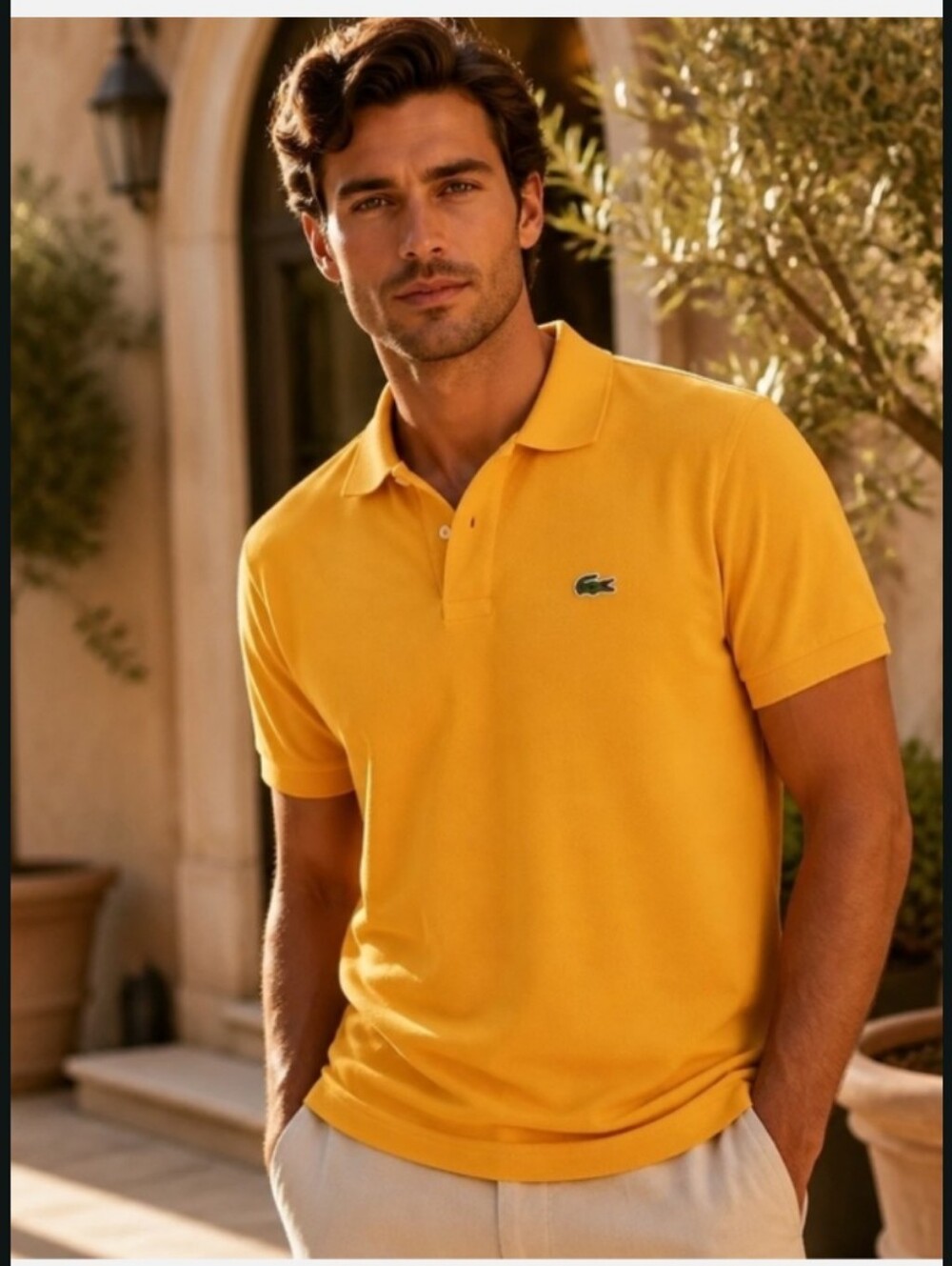 Lacoste Men's Yellow Piqué Polo with Green Croc